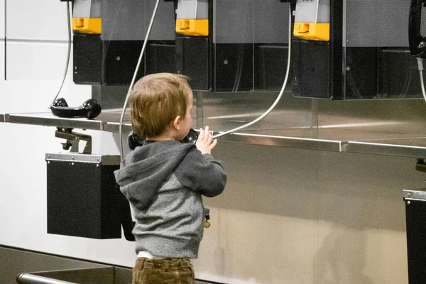 Small Boy Holding Public Phone Road — Stock Photo, Image