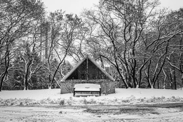 View Empty Bench House Winter Season — Stock Photo, Image