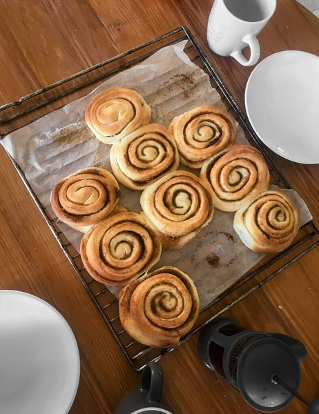 High Angle View Cinnamon Buns Dining Table — Stock Photo, Image