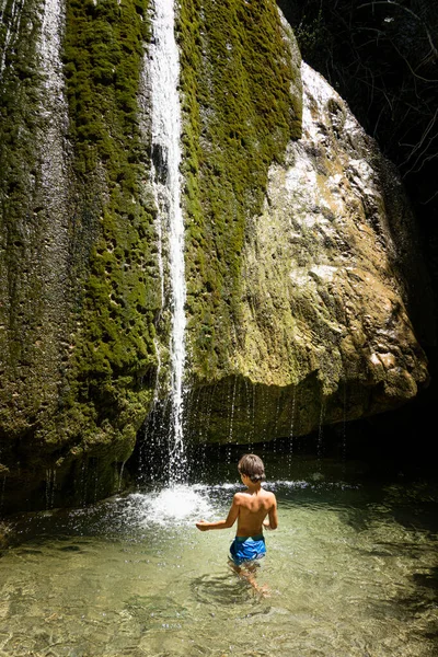 Boy Playing Water Natural Waterfall — Stock Photo, Image