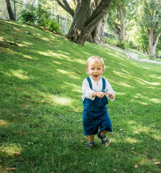 Schattig Jongetje Loopt Gras Het Openbaar Park Tijdens Zomerdagen — Stockfoto