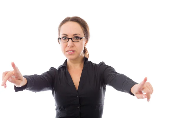 Businesswoman pointing to camera — Stock Photo, Image