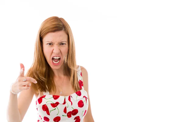 Woman nagging scolding with finger — Stock Photo, Image