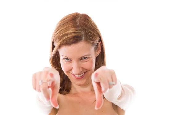 Woman pointing to camera — Stock Photo, Image