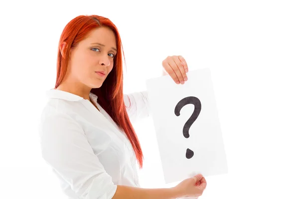 Model holding a question mark sign — Stock Photo, Image