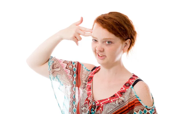 Model with hand gun gesture — Stock Photo, Image