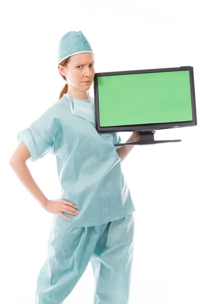 Model holding blank screen — Stock Photo, Image