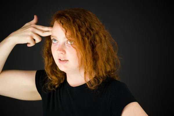 Model with hand gun gesture — Stock Photo, Image