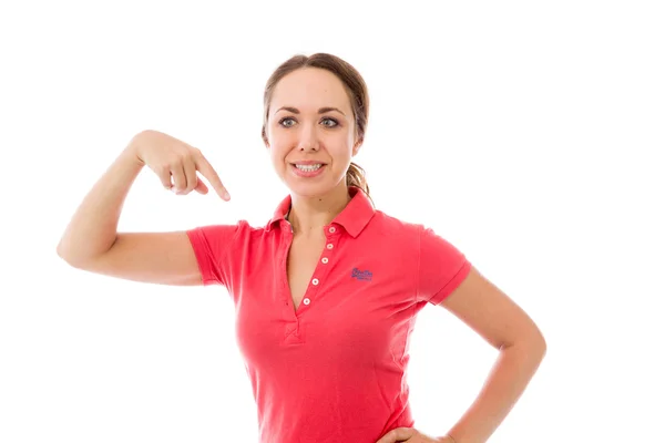 Model pointing to herself — Stock Photo, Image