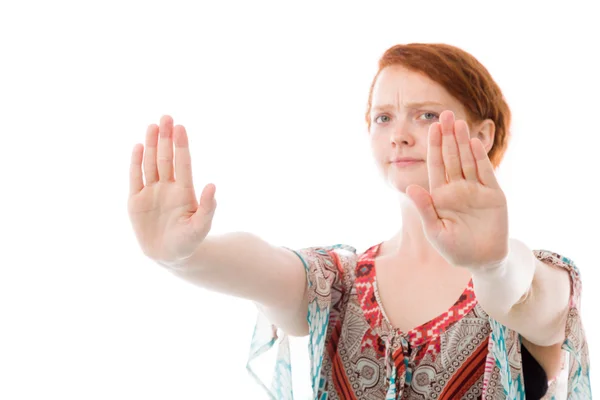 Modello gesturing stop sign — Foto Stock