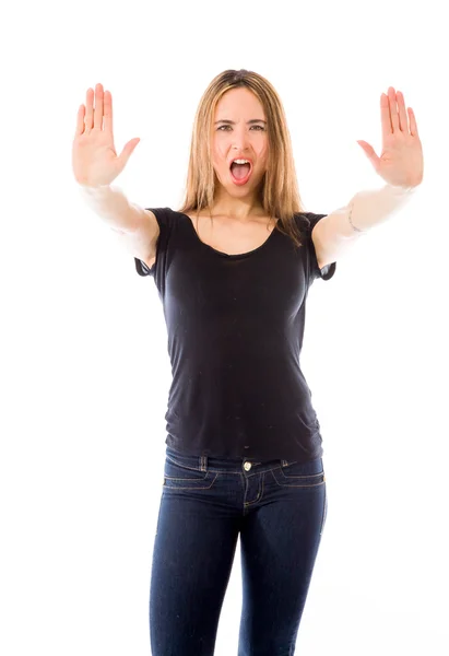 Model gesturing stop sign with both hands — Stock Photo, Image