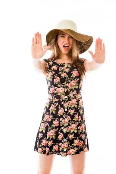 Model gesturing stop sign with both hands — Stock Photo, Image