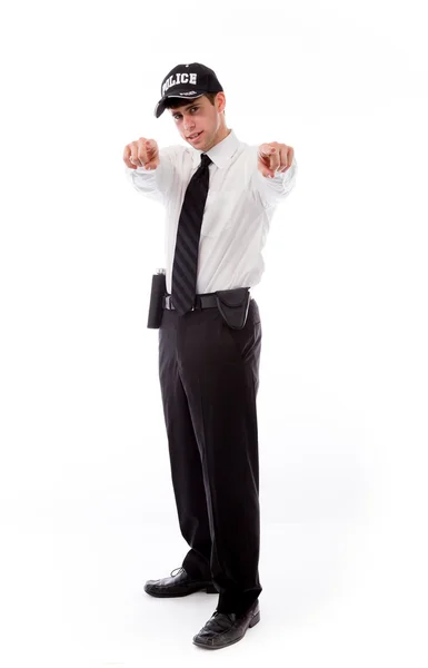 Policeman with fingers pointing to camera — Stock Photo, Image