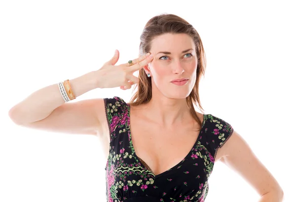 Model gesturing hand gun sign — Stock Photo, Image