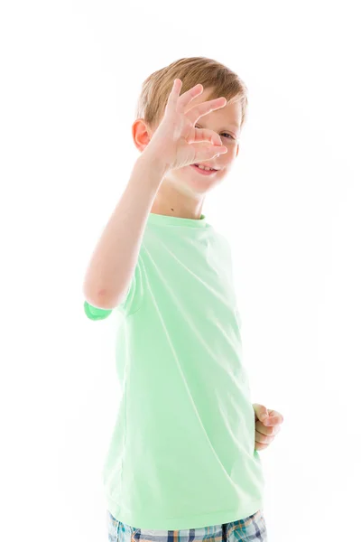 Jongen gebaren ok hand teken — Stockfoto