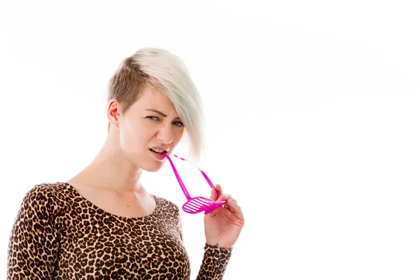 Nervous model biting finger nails — Stock Photo, Image