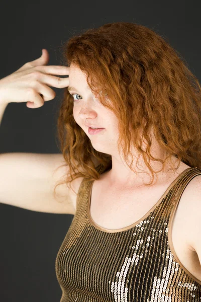 Model with hand gun gesture — Stock Photo, Image