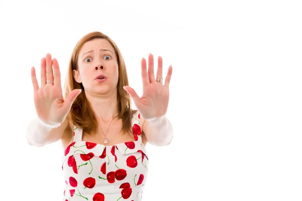 Vrouw gebaren stopbord — Stockfoto