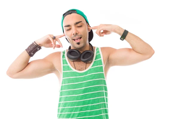 Model plugging ears with fingers — Stock Photo, Image