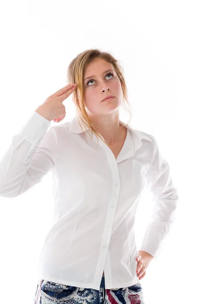 Model with hand gun gesture — Stock Photo, Image