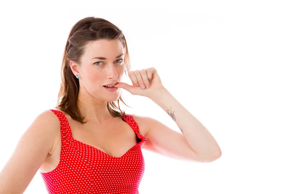 Nervous model biting finger nails — Stock Photo, Image