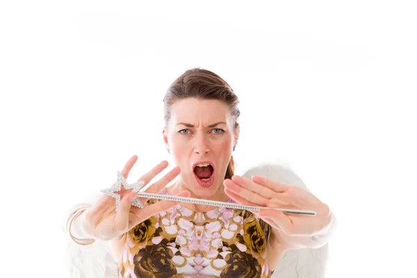 Model gesturing stop sign with hands — Stock Photo, Image