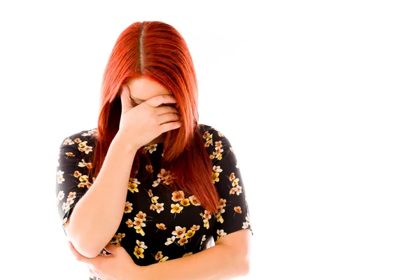 Model ashamed hiding face in hand — Stock Photo, Image