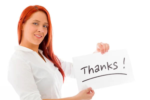 Model holding a Thanks sign — Stock Photo, Image