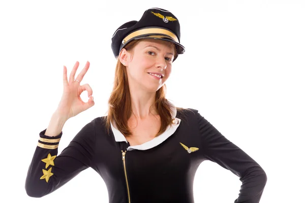 Stewardess gestikuliert mit Handzeichen — Stockfoto
