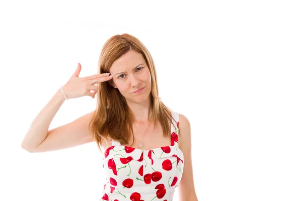 Woman with hand gun gesture — Stock Photo, Image