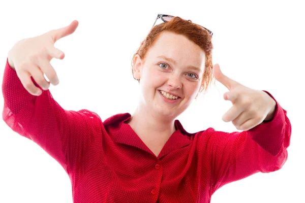 Model pointing to camera with fingers — Stock Photo, Image