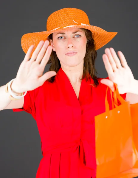 Model gesturing stop sign with hands — Stock Photo, Image