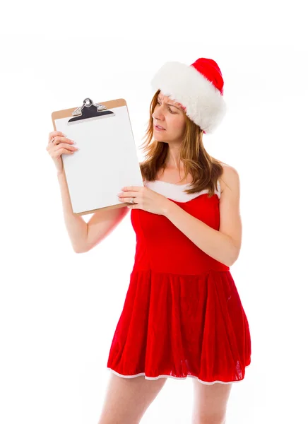 Model in Kerstman hoed weergegeven leeg bord: — Stockfoto