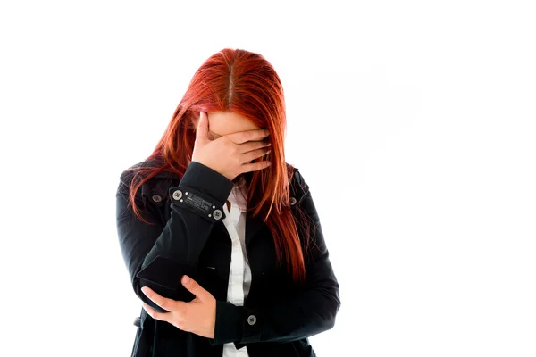 Model ashamed hiding face in hand — Stock Photo, Image