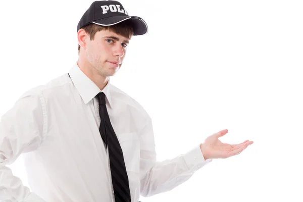 Policeman presenting showcasing with hand — Stock Photo, Image