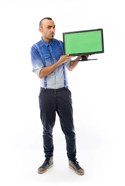 Model holding blank screen — Stock Photo, Image