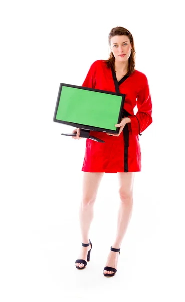 Model holding blank screen of monitor — Stock Photo, Image