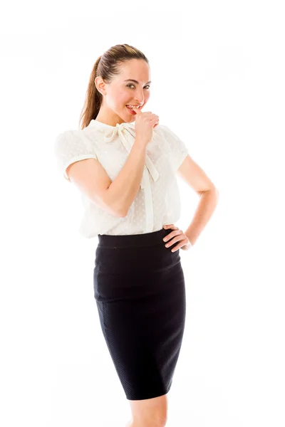 Nervous model biting finger nails — Stock Photo, Image