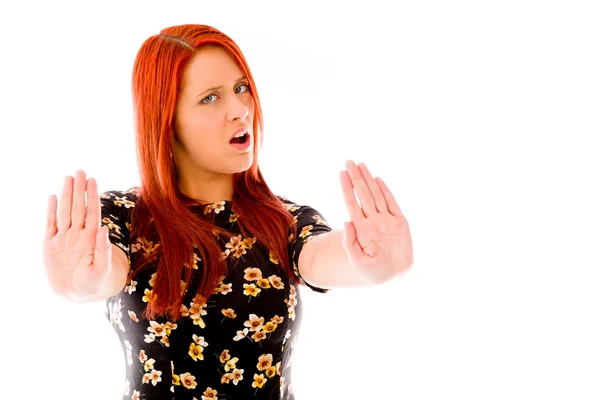 Model gesturing stop sign with hands — Stock Photo, Image