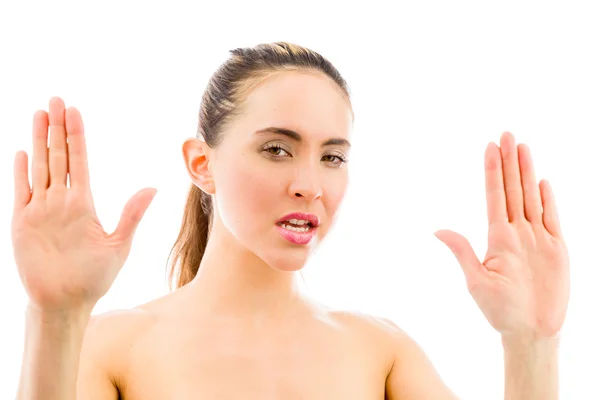 Model gesturing stop sign with both hands — Stock Photo, Image