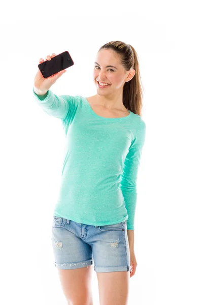 Modell zeigt Handy — Stockfoto