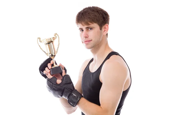 Modelo segurando um troféu — Fotografia de Stock