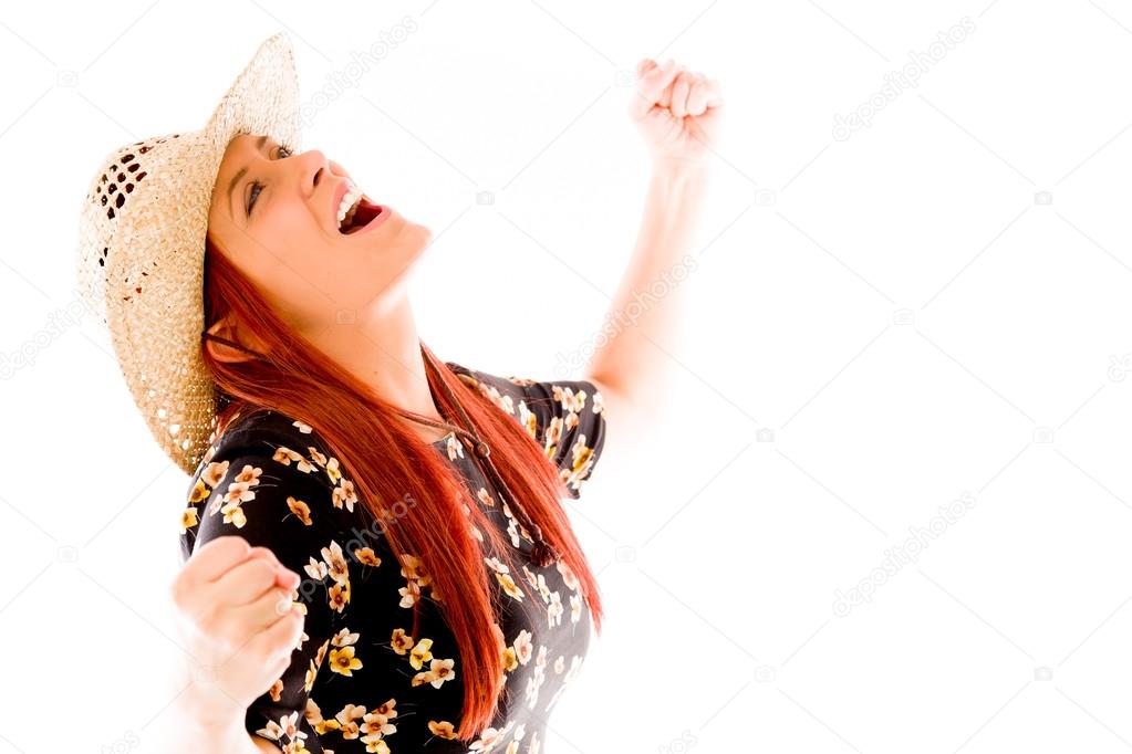 Model screaming with fists up