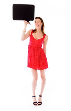 Bir boş konuşma balonu işaret tutan modeli