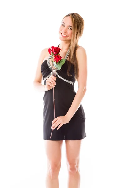 Modello innamorato delle rose rosse in mano — Foto Stock