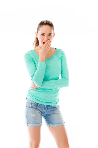 Shocked Model covering her mouth — Stock Photo, Image