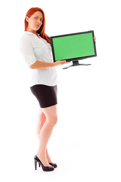 Modelo que sostiene la pantalla en blanco del monitor — Foto de Stock