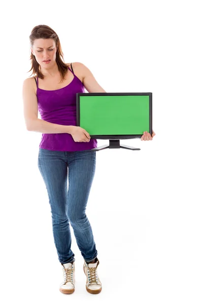 Model holding blank screen — Stock Photo, Image