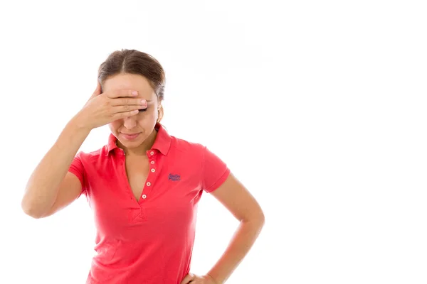 Model schämt sich, Gesicht in der Hand zu verstecken — Stockfoto