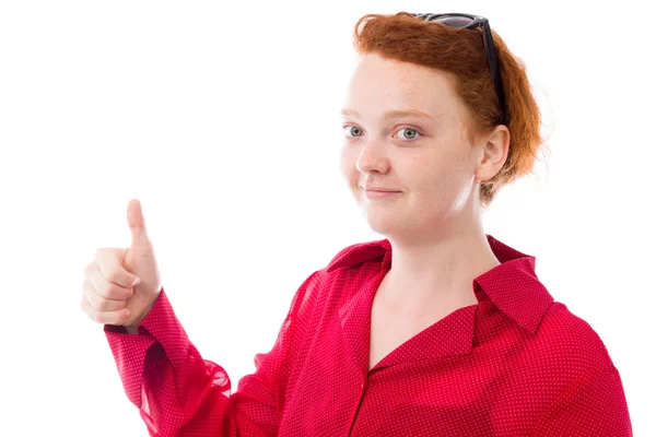 Model gesturing thumb up sign — Stock Photo, Image